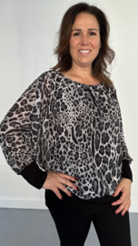 Blouse met boord panter zwart/ grijs