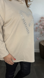 Sweater met capuchon/ glitter hart Zand