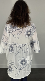 Blouse met flared mouw bloem marine/zilver SALE