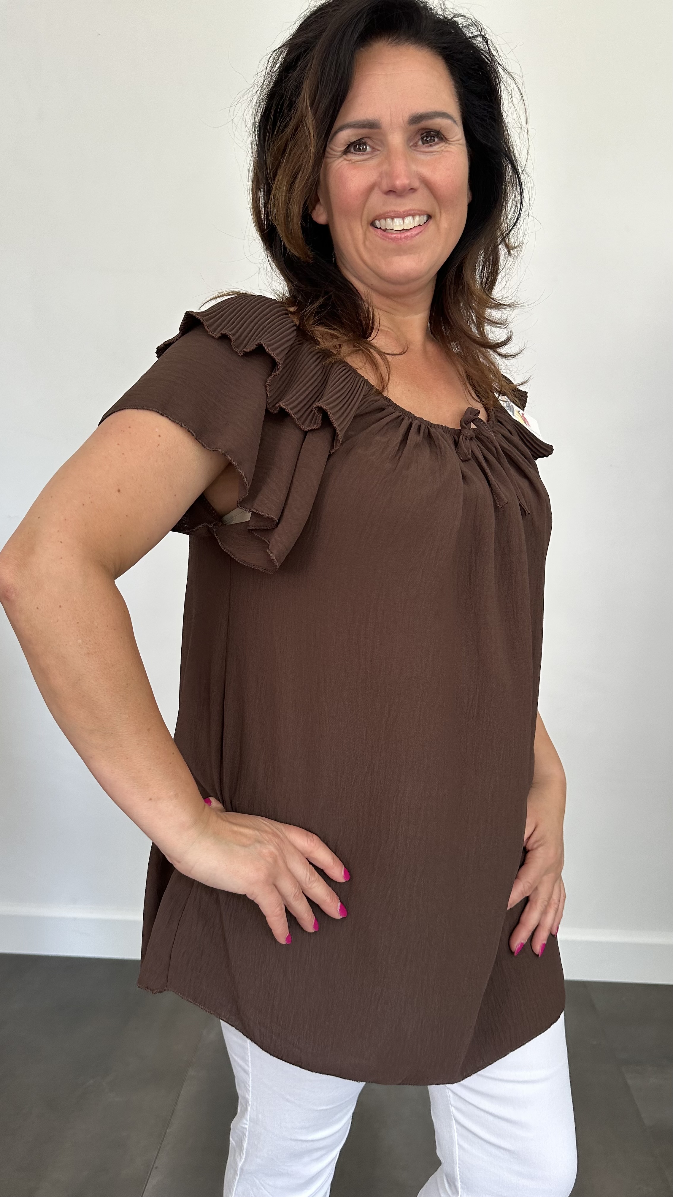 Top Kenza met plissé ruche bruin SALE
