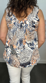 Ballon top met V-hals Exotic palm marine/peach