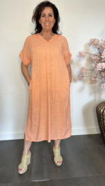 Linnenlook jurk met gehaakt kant Peach