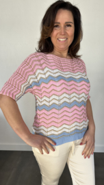 Gehaakte trui zig zag goud/ roze