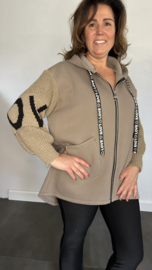 Vest met gebreide mouwen en capuchon "love" taupe