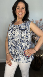 Ballon top denim gebloemd, blauw/wit