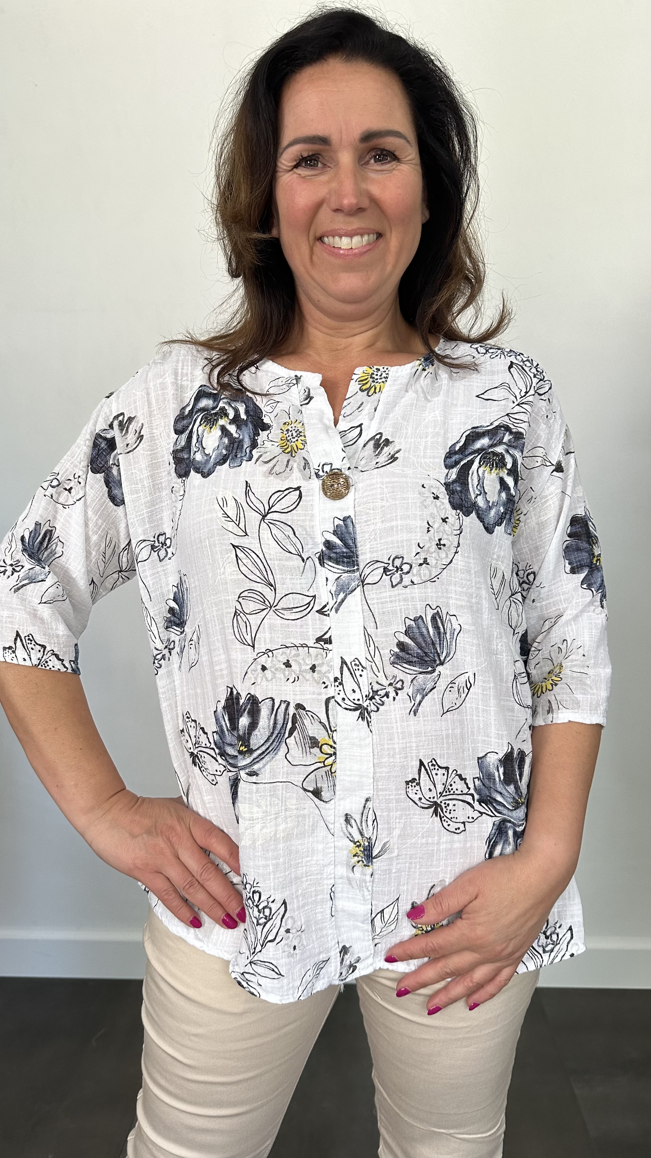 Linnenlook blouse gebloemd wit