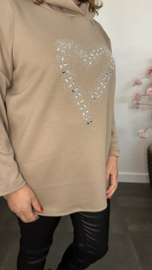 Sweater met capuchon/ glitter hart Taupe