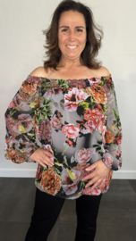 Blouse met gesmokte band roos zwart/grijs