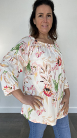Lange blouse met gesmokte mouw flowers ecru SALE