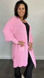Lang grof gebreid vest met pofmouw pink