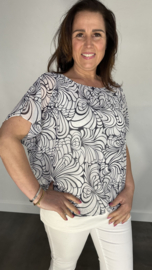 Blouse met boord fanatsy flower silver sparkle marine/ecru