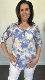 Kanten blouse gebloemd 2-delig kobalt blauw