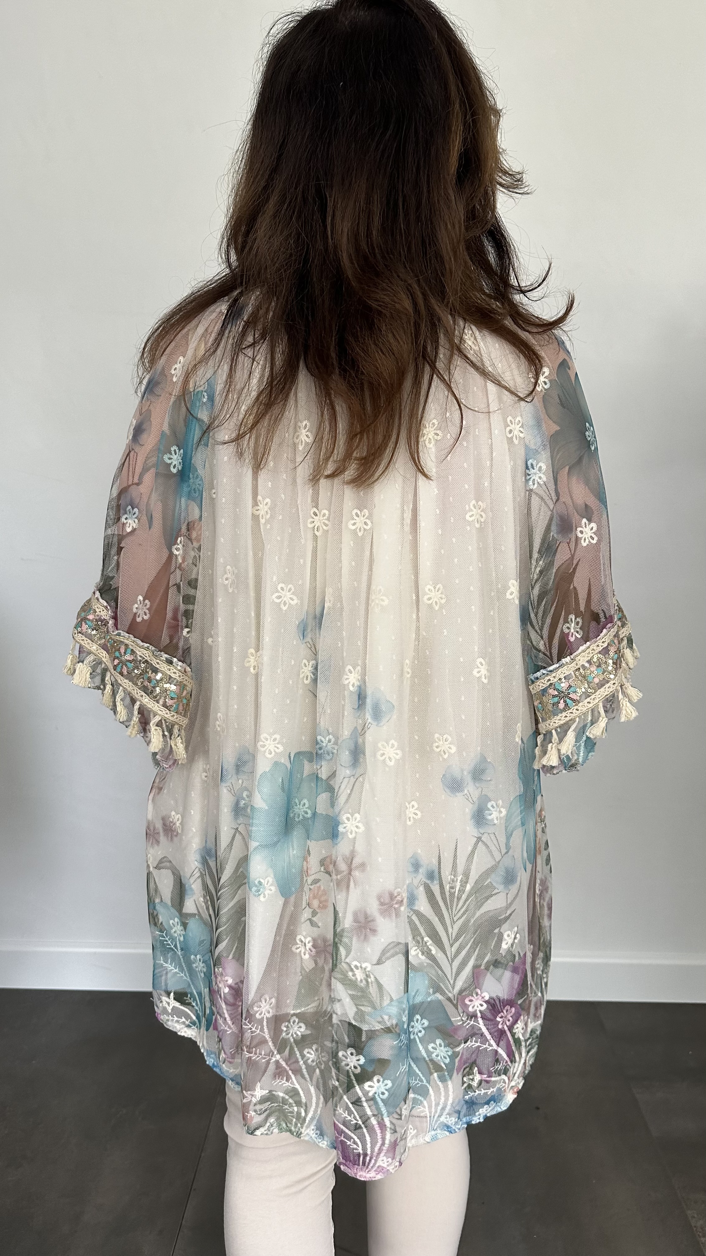 Tule tuniek met bloemen print +SIZE turquoise