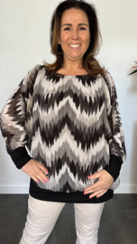 Blouse met boord lange mouw +Size Extra zigzag zwart