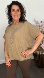 Crinkle shirt korte mouw met elastiek +ketting Taupe