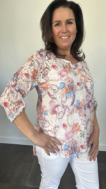 Kanten blouse gebloemd 2-delig koraal/wit