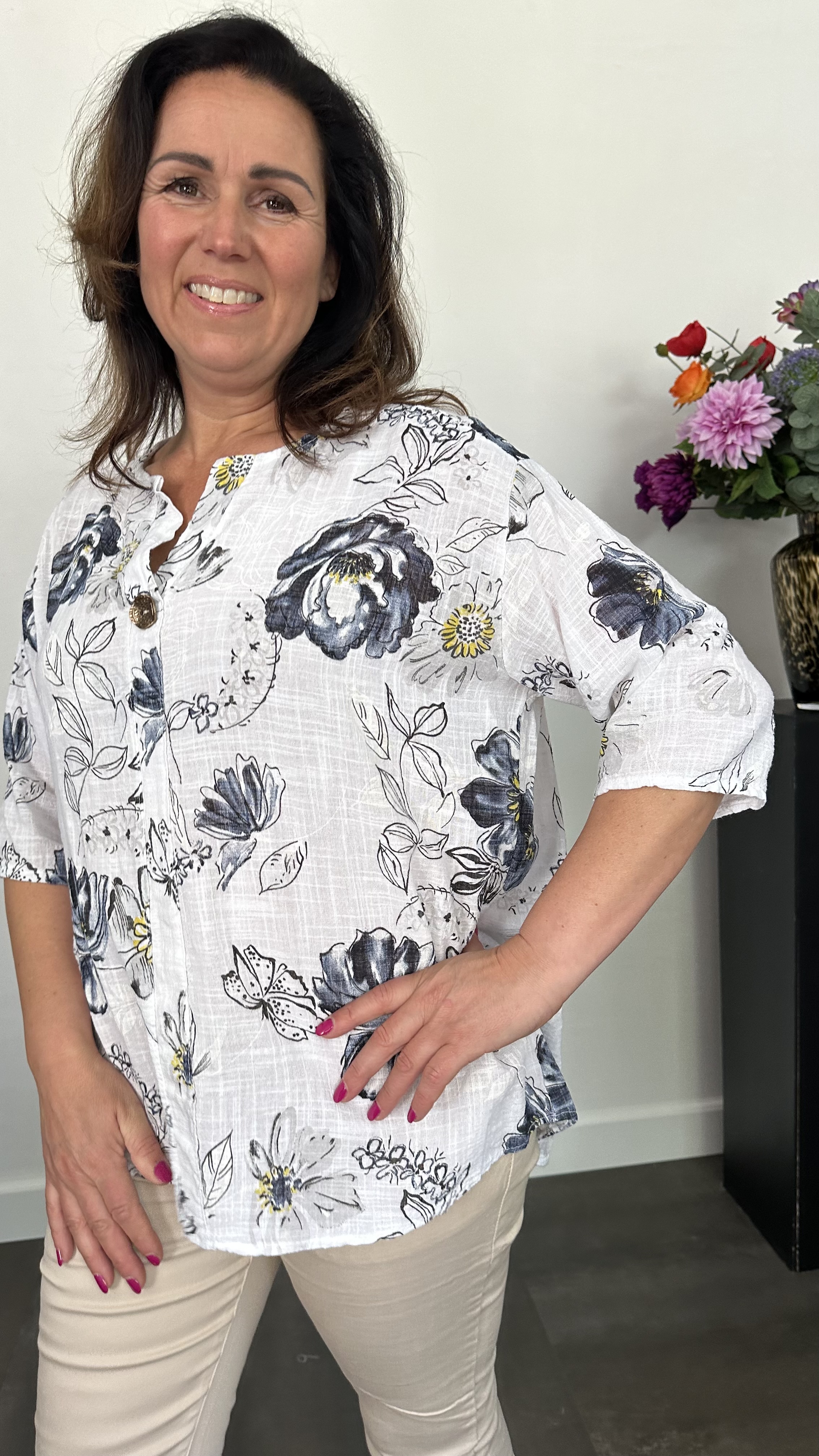 Linnenlook blouse gebloemd wit