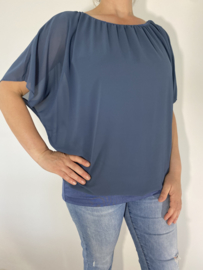 Blouse met boord korte mouw staal blauw