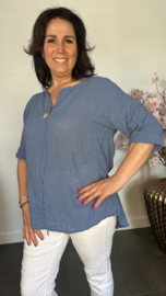 Linnenlook blouse met knoop jeans blauw