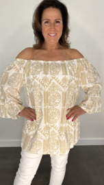 Blouse Athene met flared mouw en elastiek in de halslijn zand