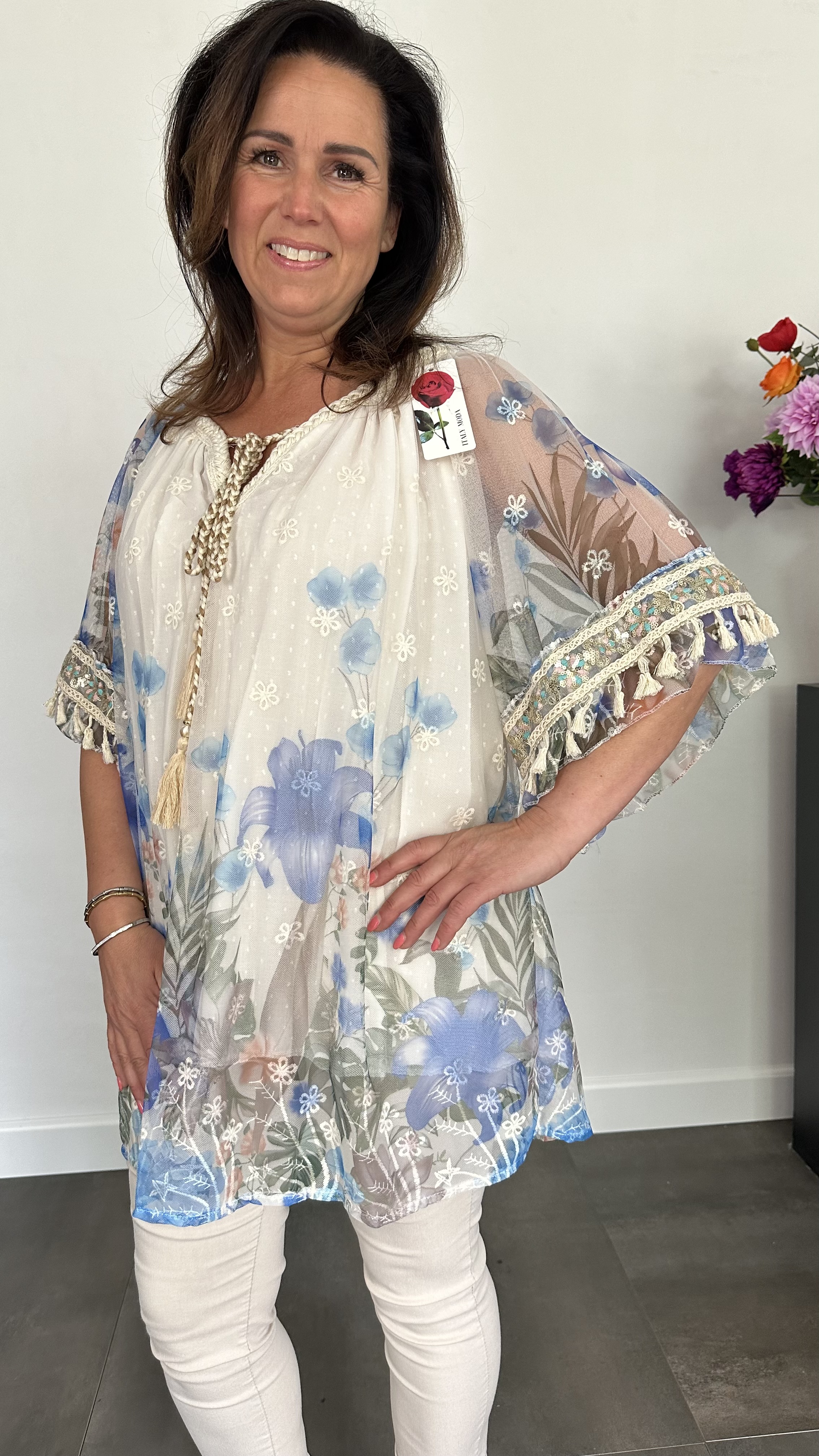 Tule tuniek met bloemen print +SIZE kobalt