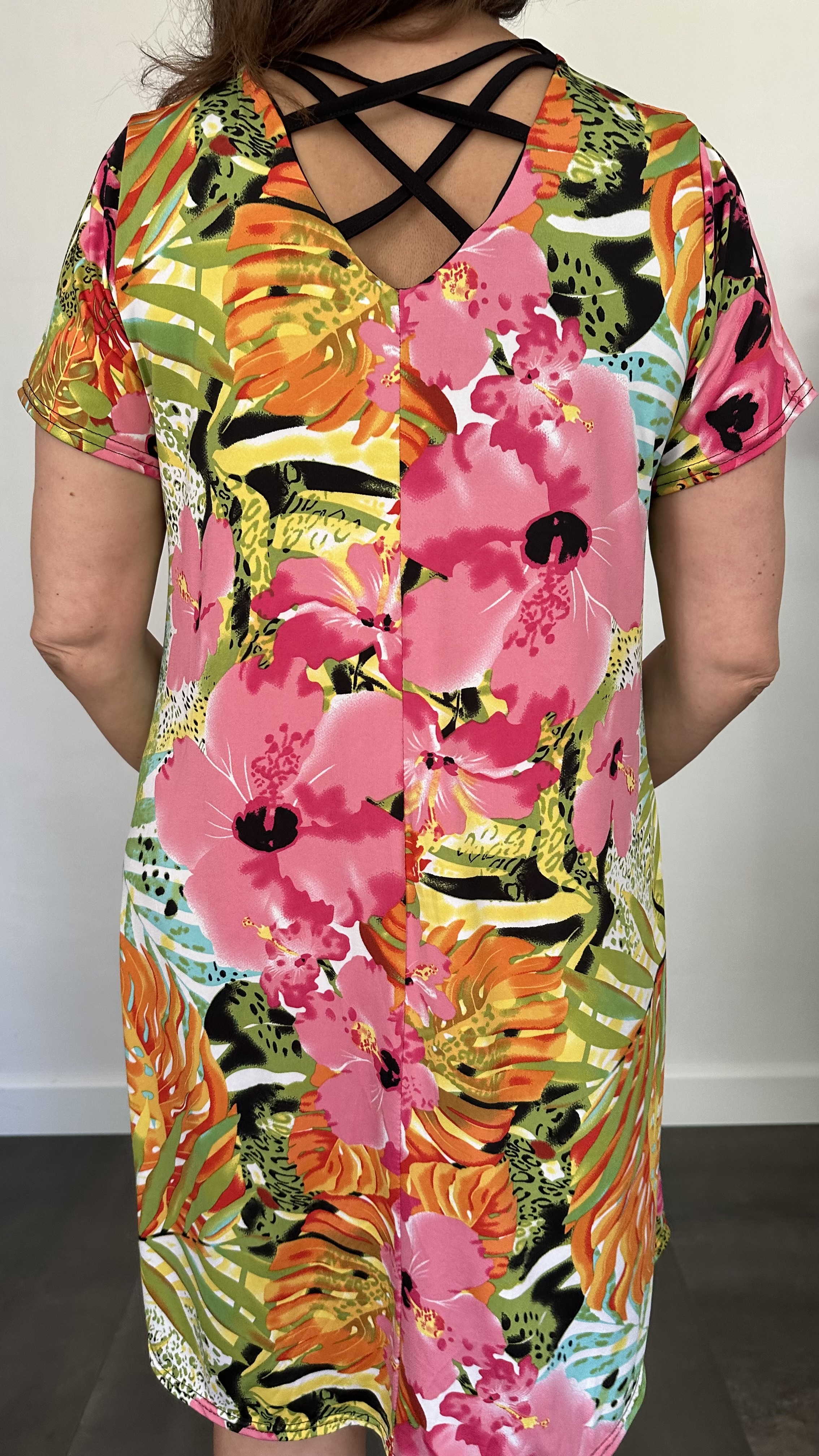 Jurk Dorena palm leaves oranje /pink/groen