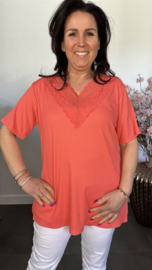 Ribbel shirt met kanten V-hals Koraal