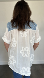 Blouse blanco met denim kraag