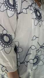 Blouse met flared mouw bloem marine/zilver SALE