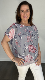 Blouse met boord bloemen grijs