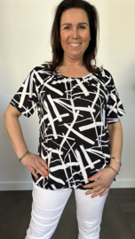 Ballon shirt met elastiek fantasy zwart/wit (+size)