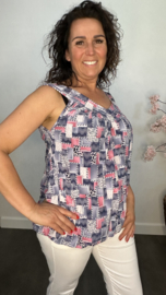 Ballon top met V-hals Patchwork blauw/roze