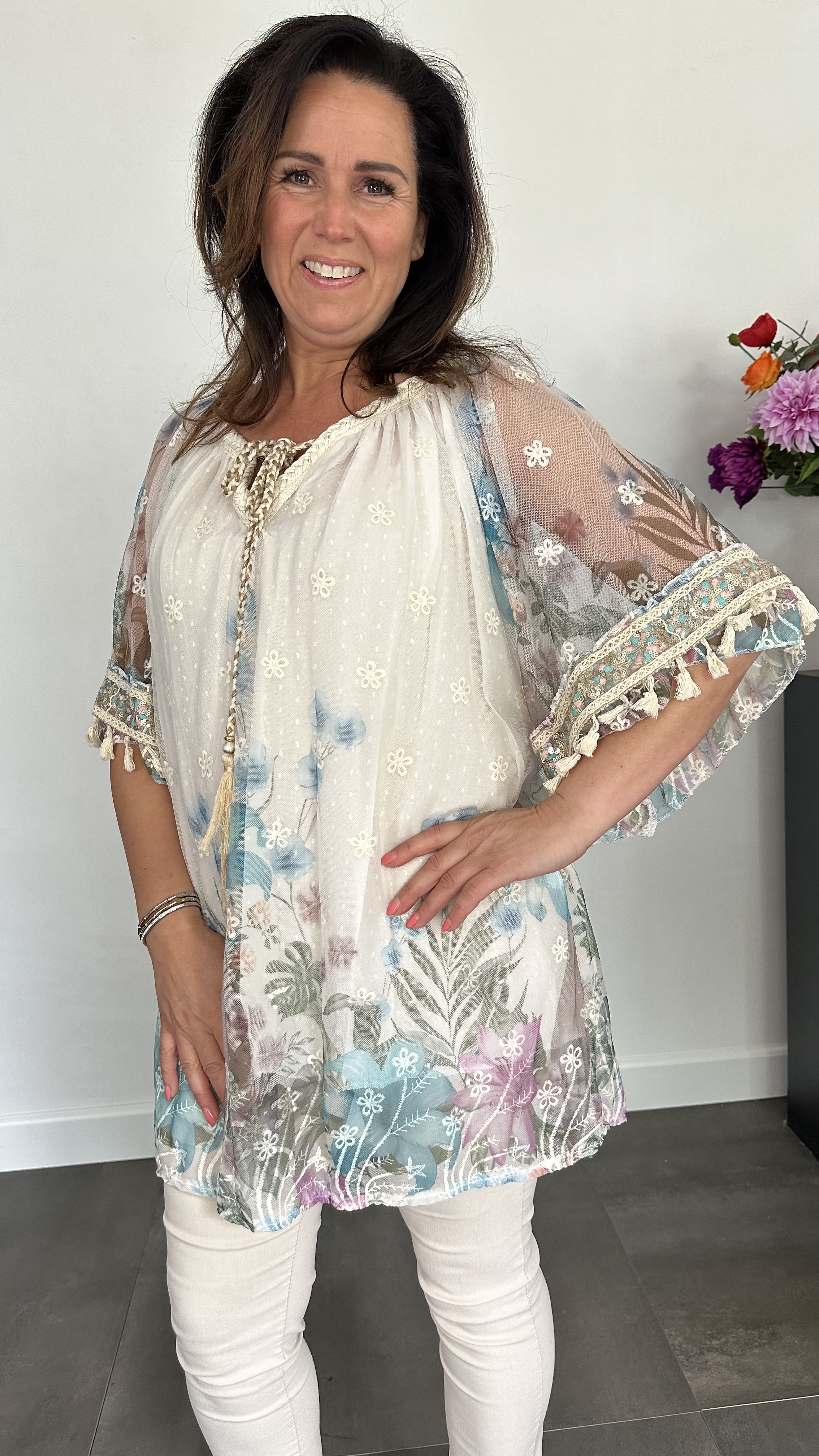 Tule tuniek met bloemen print +SIZE turquoise