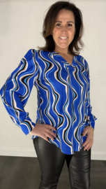 Velvet shirt met v-hals en pofmouw waves kobalt