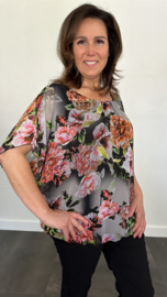 Blouse met boord roos zwart/grijs +SIZE