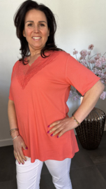 Ribbel shirt met kanten V-hals Koraal