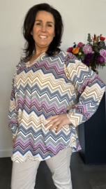Soft shirt met v-hals en pofmouw Zig zag marine/fuchsia