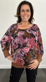 Blouse met boord bloemen bruin