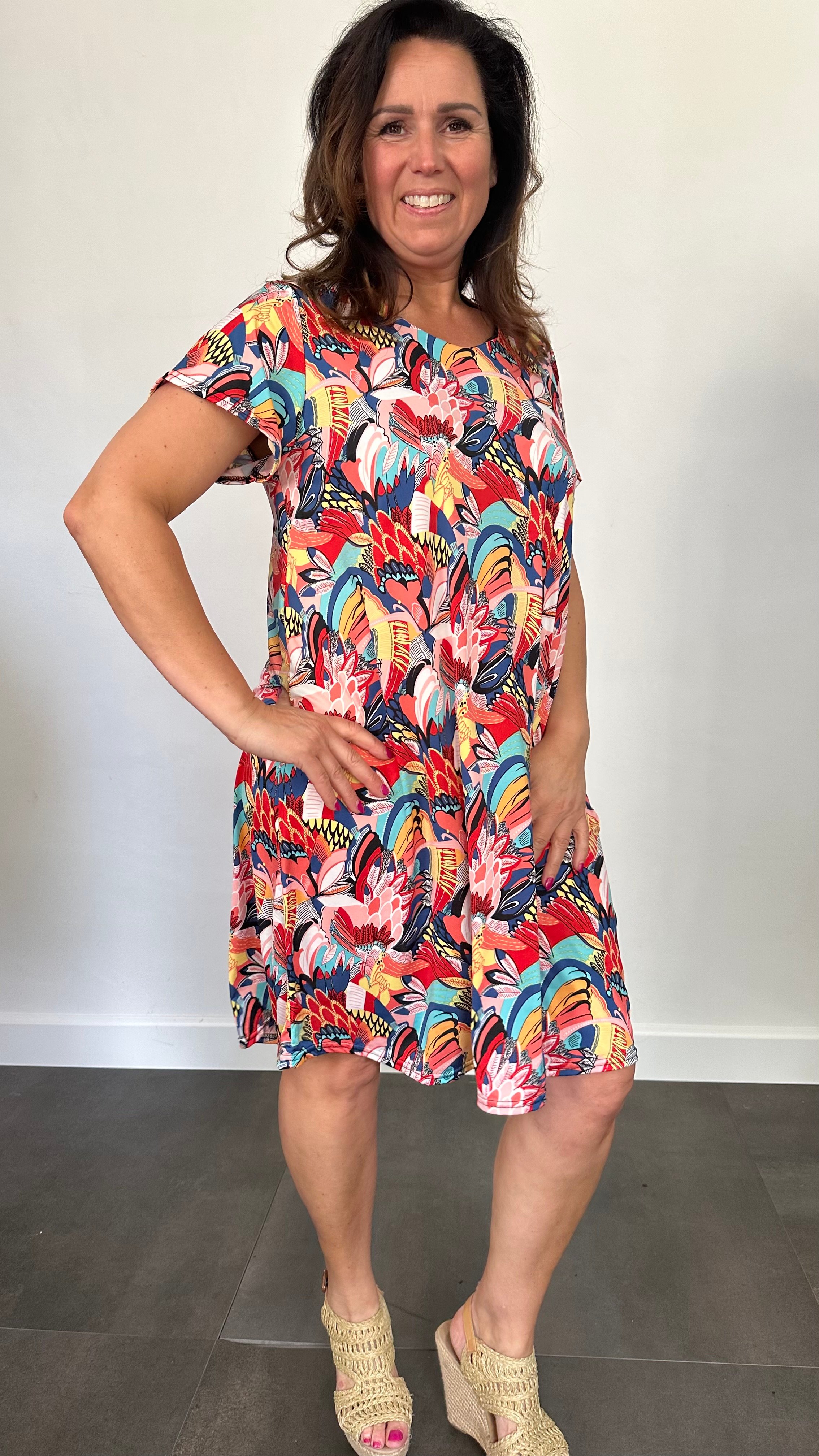 Jurk Dorena peacock tails rood/blauw