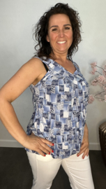 Ballon top met V-hals Patchwork blauw/blauw
