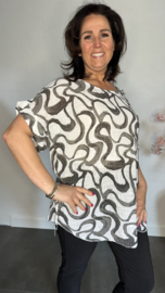 Linnenlook shirt Waves wit/ zwart