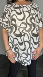Linnenlook shirt Waves wit/ zwart