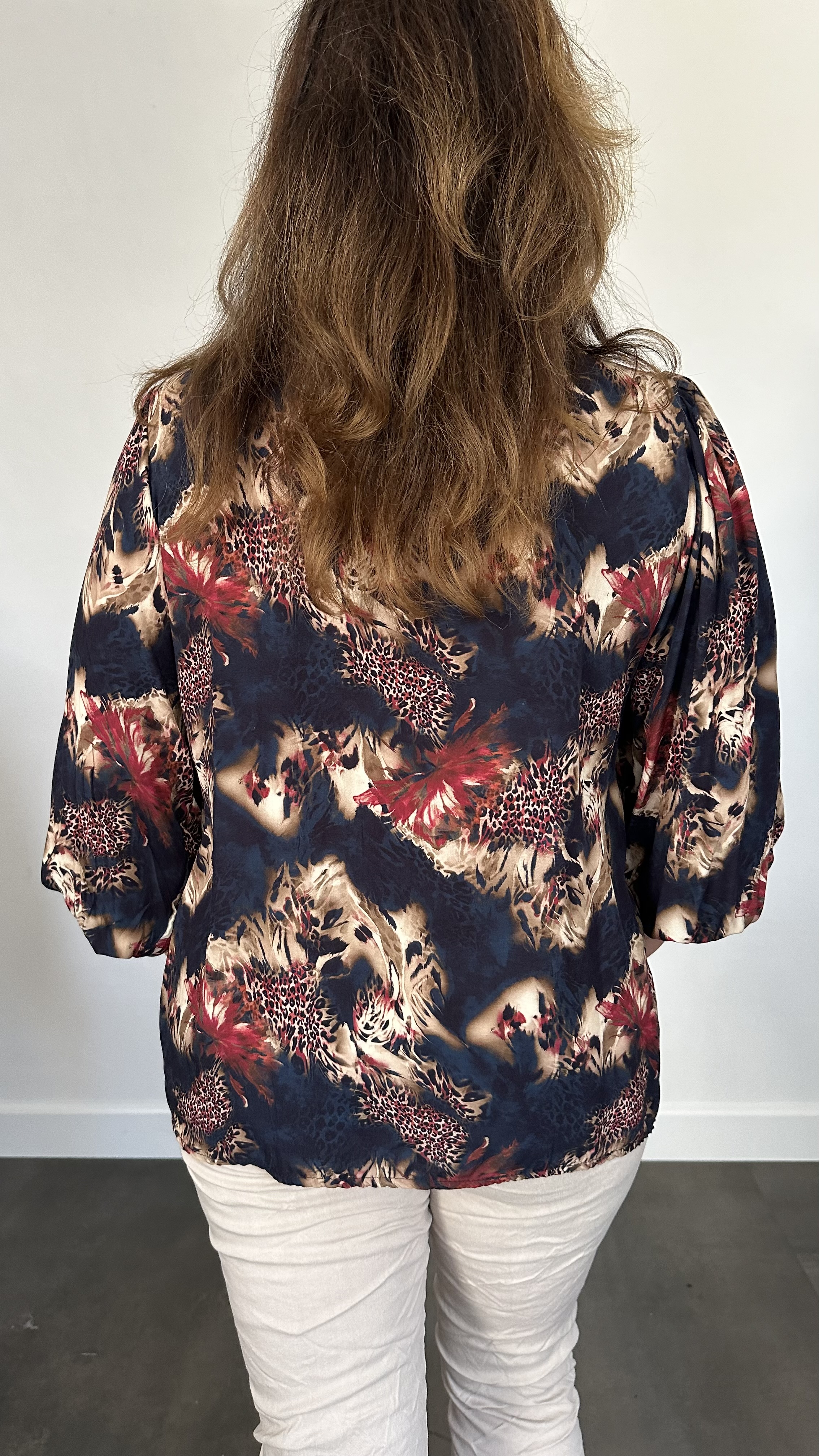 Blouse animal mix met 3/4 pofmouw marine