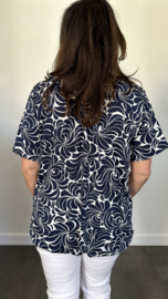 Ballon shirt met elastiek fantasy roos blauw/wit (+size)