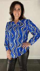 Velvet shirt met v-hals en pofmouw waves kobalt