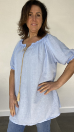 Lange blouse/ tuniek met pofmouw romy licht blauw