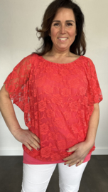 Blouse met boord KANT koraal