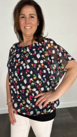 Blouse met boord small leaves marine/ fuchsia