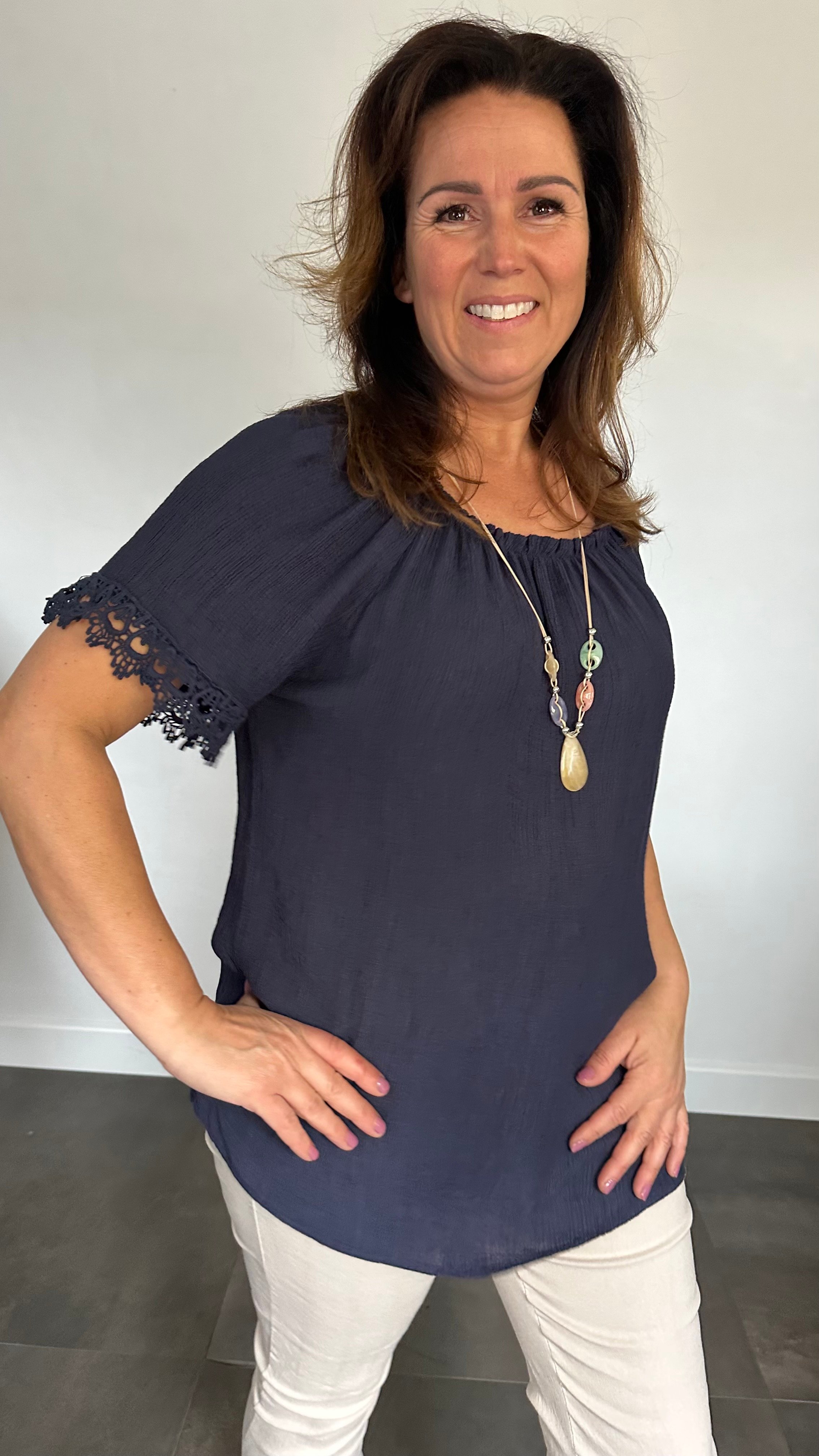 Crinkle shirt met kant marine