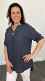 Linnenlook blouse met knoop marine